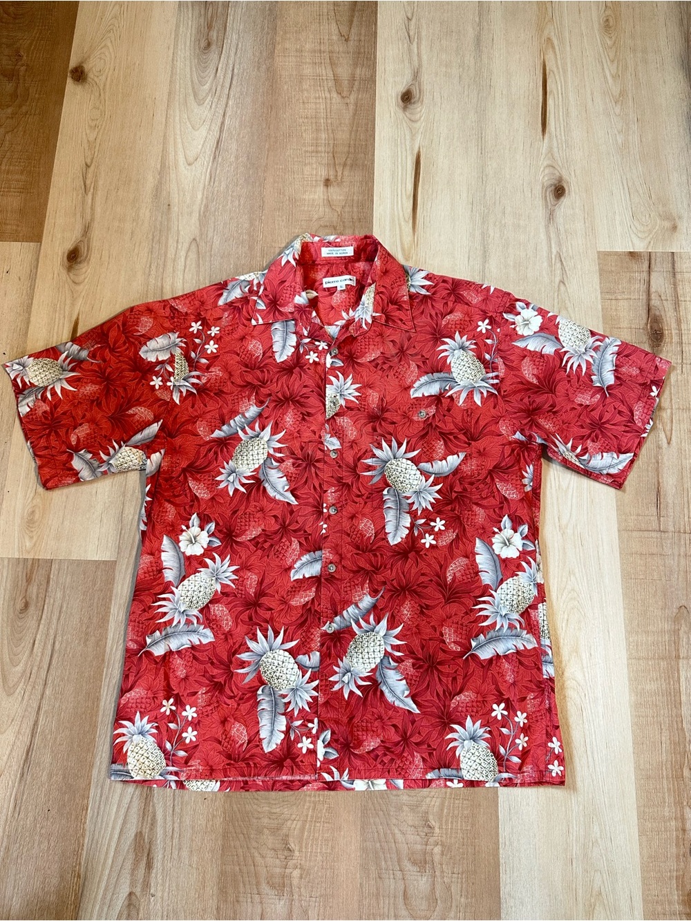 Pierre Cardin Vintage Tropical Pineapple Hawaiian Red Coastal Shirt Men's L